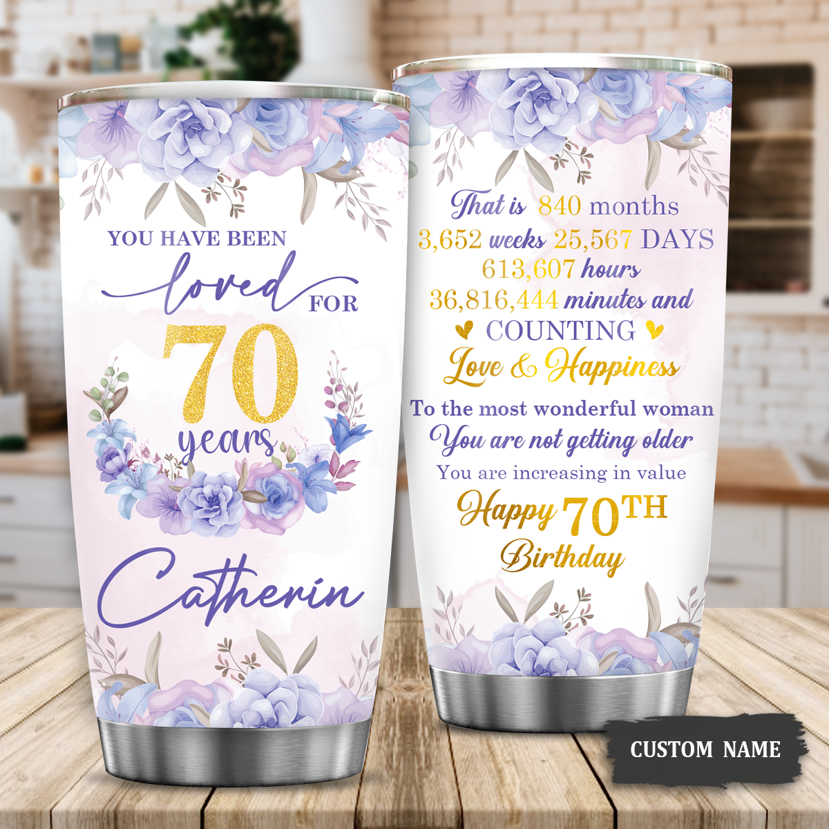 Purple Flower Golden Glitter 70th Birthday You Have Been Loved For 70 Years Custom Gifts Men Women Stainless Steel Tumbler - Personalized Stainless Steel Tumbler