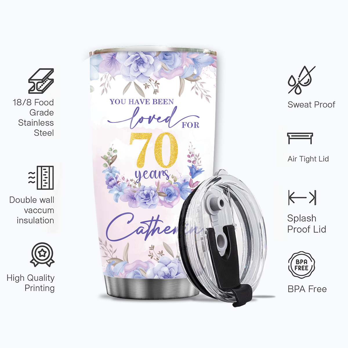 Purple Flower Golden Glitter 70th Birthday You Have Been Loved For 70 Years Custom Gifts Men Women Stainless Steel Tumbler - Personalized Stainless Steel Tumbler