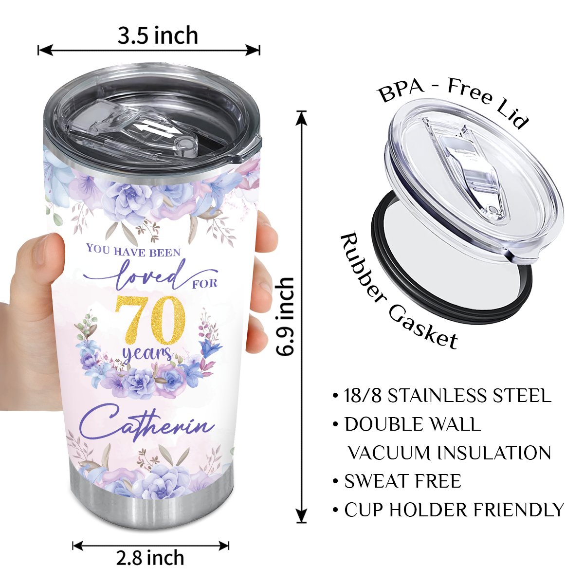 Purple Flower Golden Glitter 70th Birthday You Have Been Loved For 70 Years Custom Gifts Men Women Stainless Steel Tumbler - Personalized Stainless Steel Tumbler