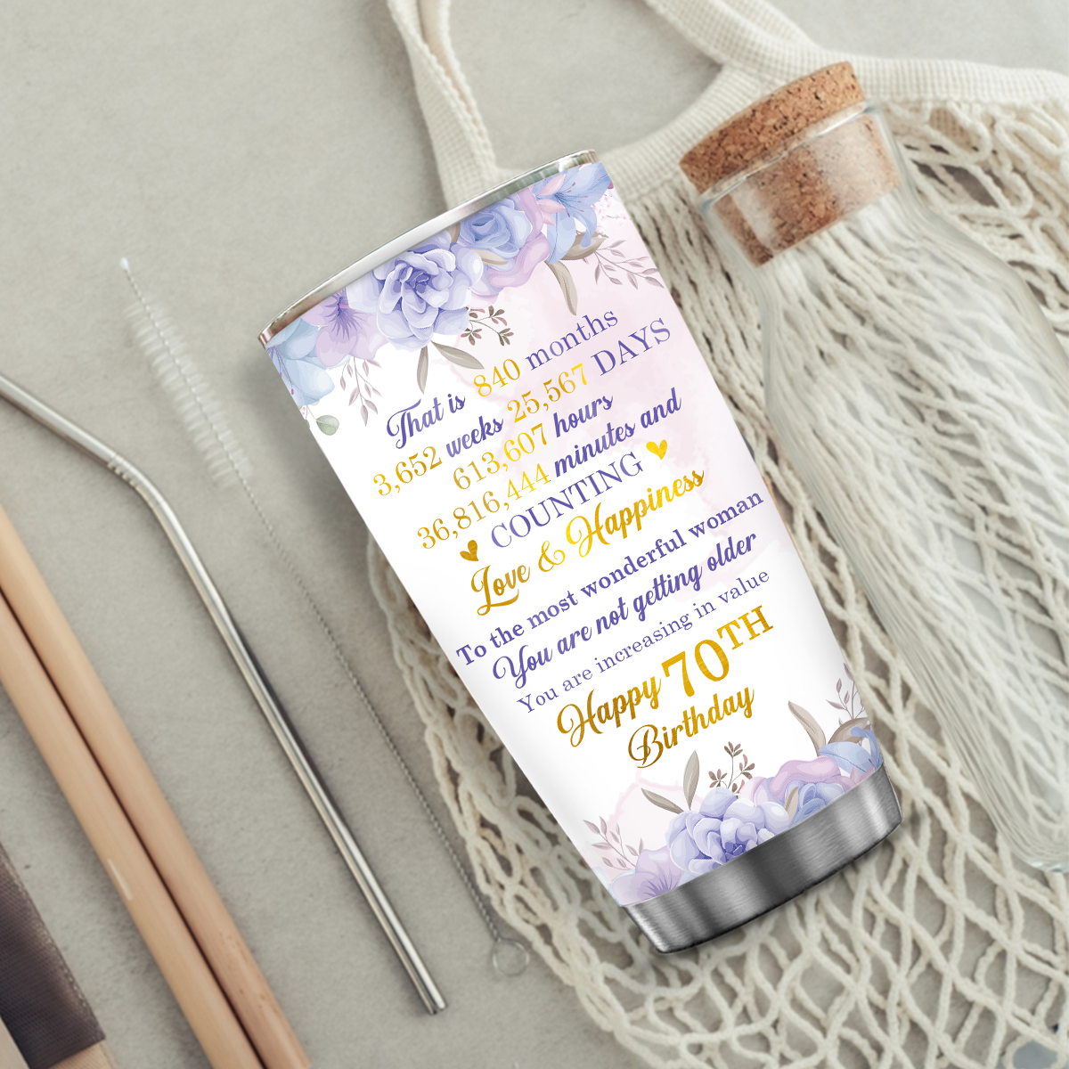 Purple Flower Golden Glitter 70th Birthday You Have Been Loved For 70 Years Custom Gifts Men Women Stainless Steel Tumbler - Personalized Stainless Steel Tumbler