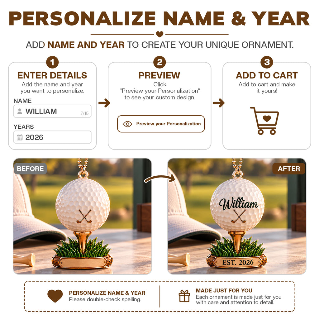 3D Printed Personalized Golf Ball Ornament – Custom Name & Year