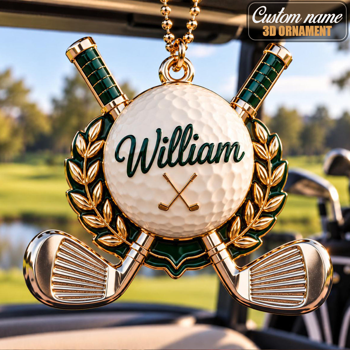 3D Personalized Name Golf Ball & Crossed Clubs Ornament