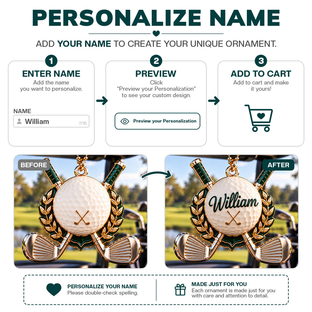 3D Personalized Name Golf Ball & Crossed Clubs Ornament