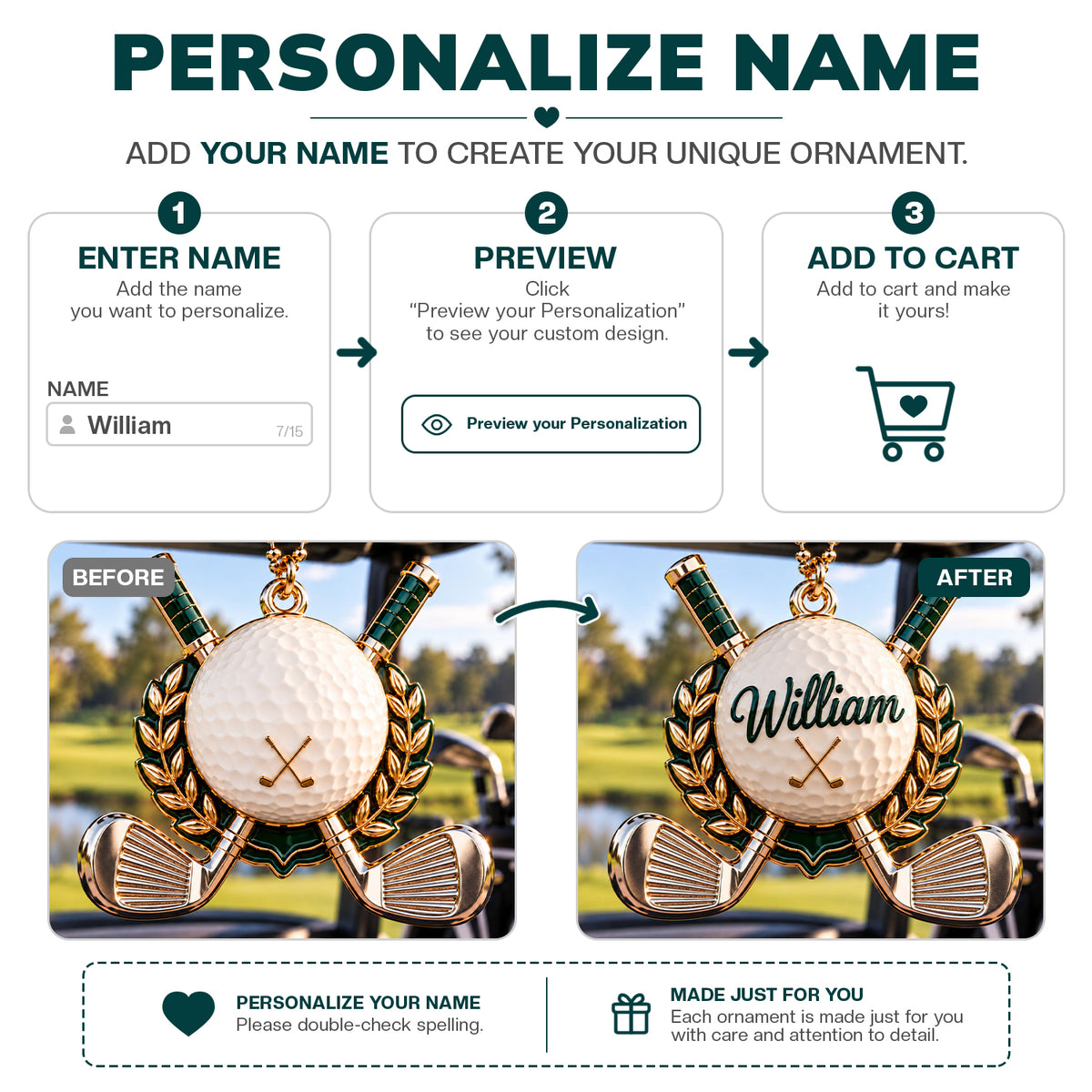 3D Personalized Name Golf Ball & Crossed Clubs Ornament