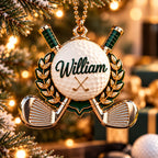 3D Personalized Name Golf Ball & Crossed Clubs Ornament