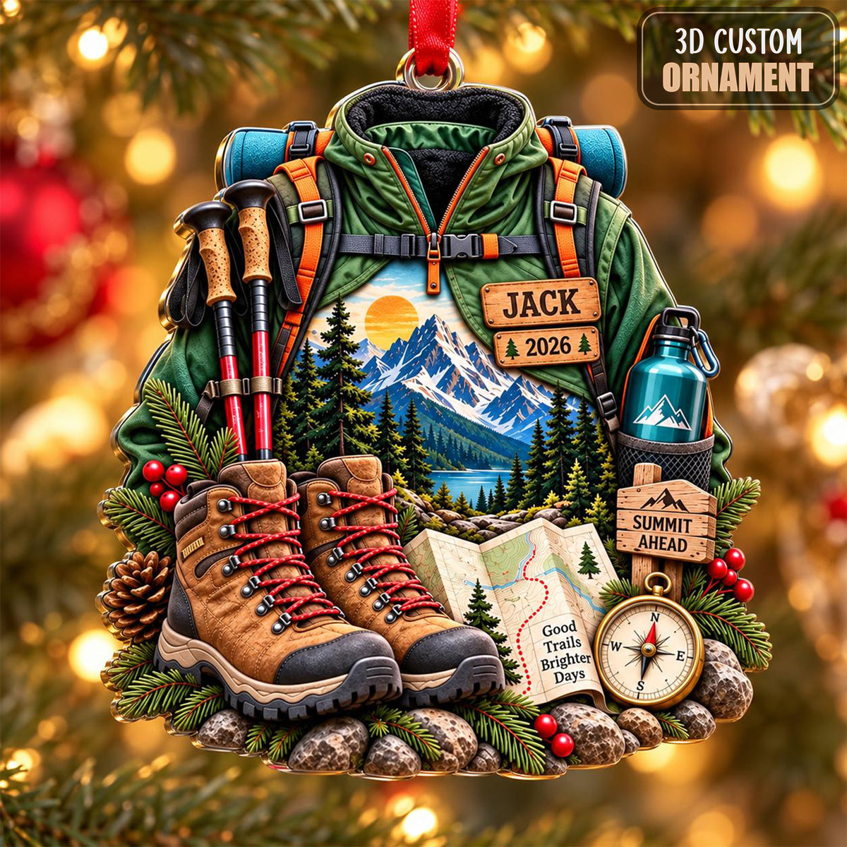 Personalized Hiking Backpack Adventure 3D Ornament – Custom Name