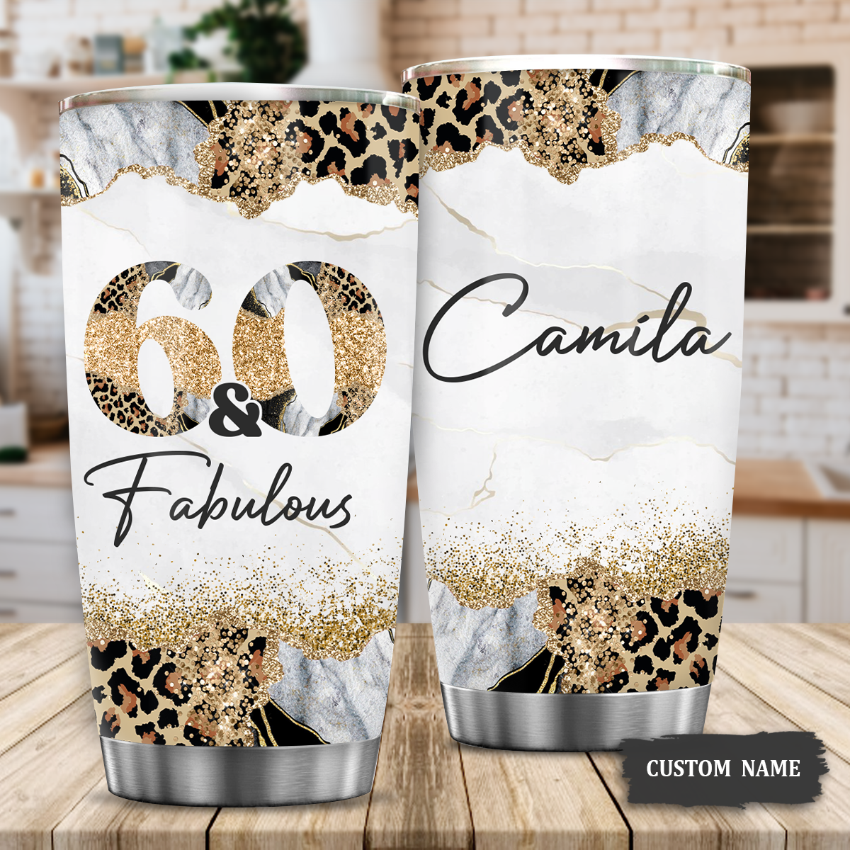 Glitter Cheetah Marble 60th Birthday 60 And Fabulous Custom Gifts Men Women Stainless Steel Tumbler - Personalized Stainless Steel Tumbler
