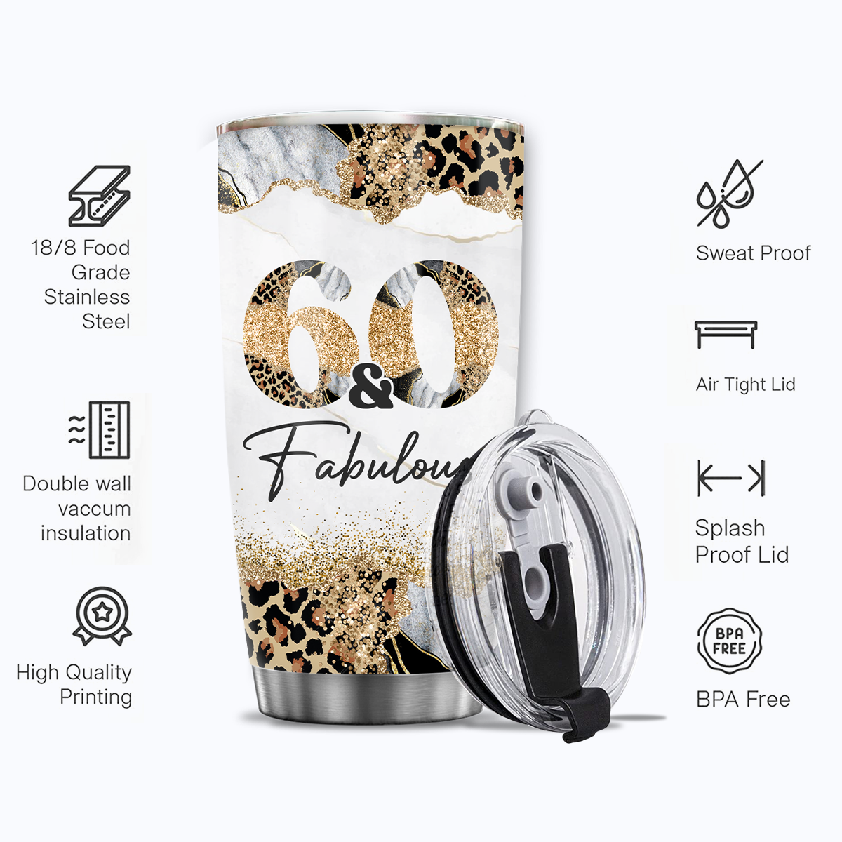 Glitter Cheetah Marble 60th Birthday 60 And Fabulous Custom Gifts Men Women Stainless Steel Tumbler - Personalized Stainless Steel Tumbler