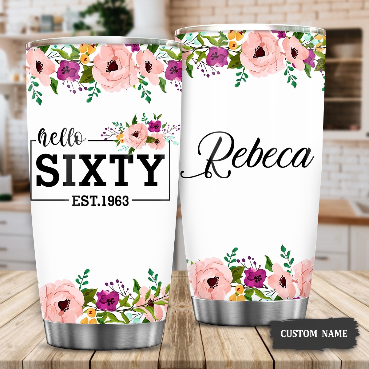 Vintage Floral 60th Birthday Hello Sixty Est 1962 Custom Gifts Men Women Stainless Steel Tumbler - Personalized Stainless Steel Tumbler