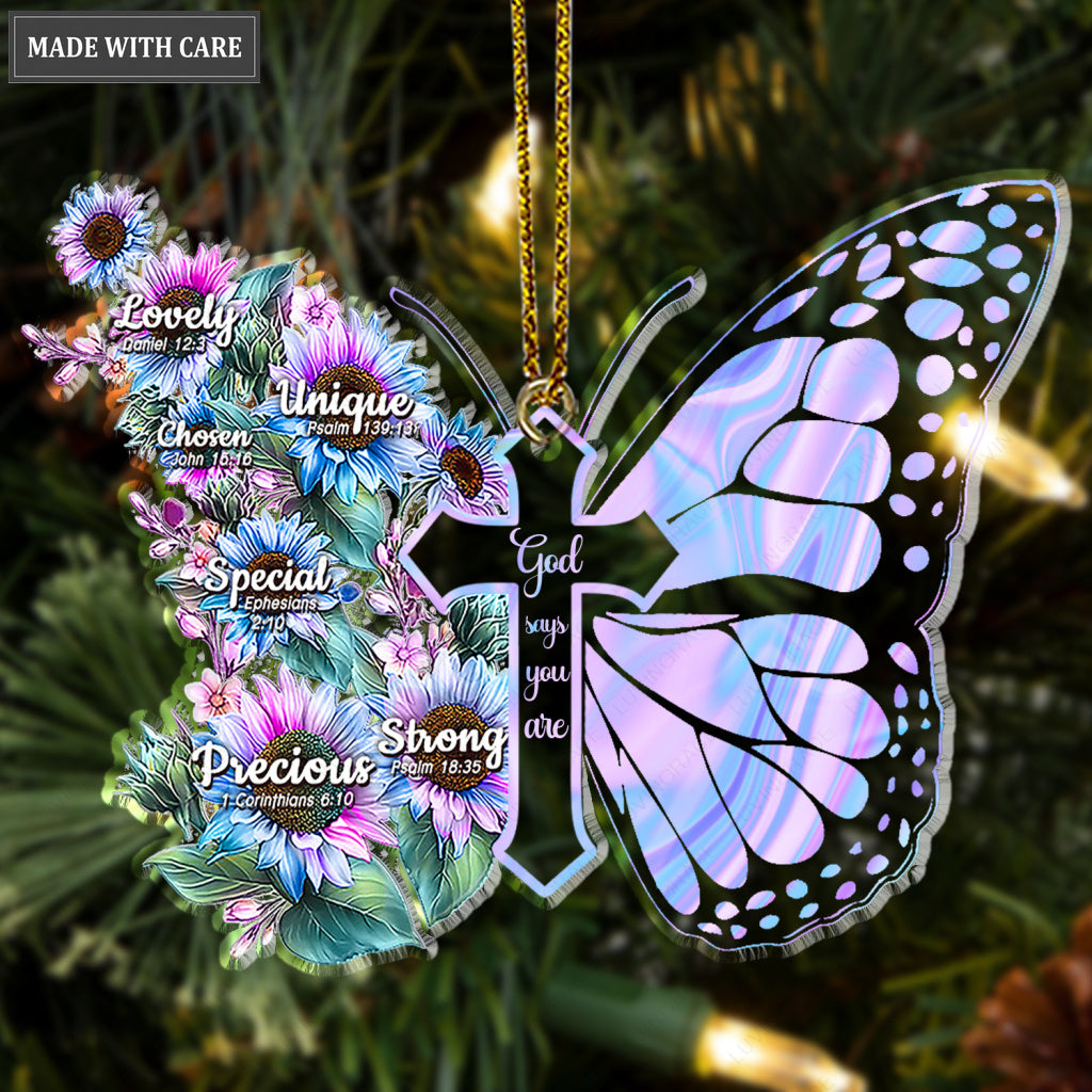 Blue Pink Hologram Butterfly Sunflowers God Says You Are Shaped Transparent Ornament