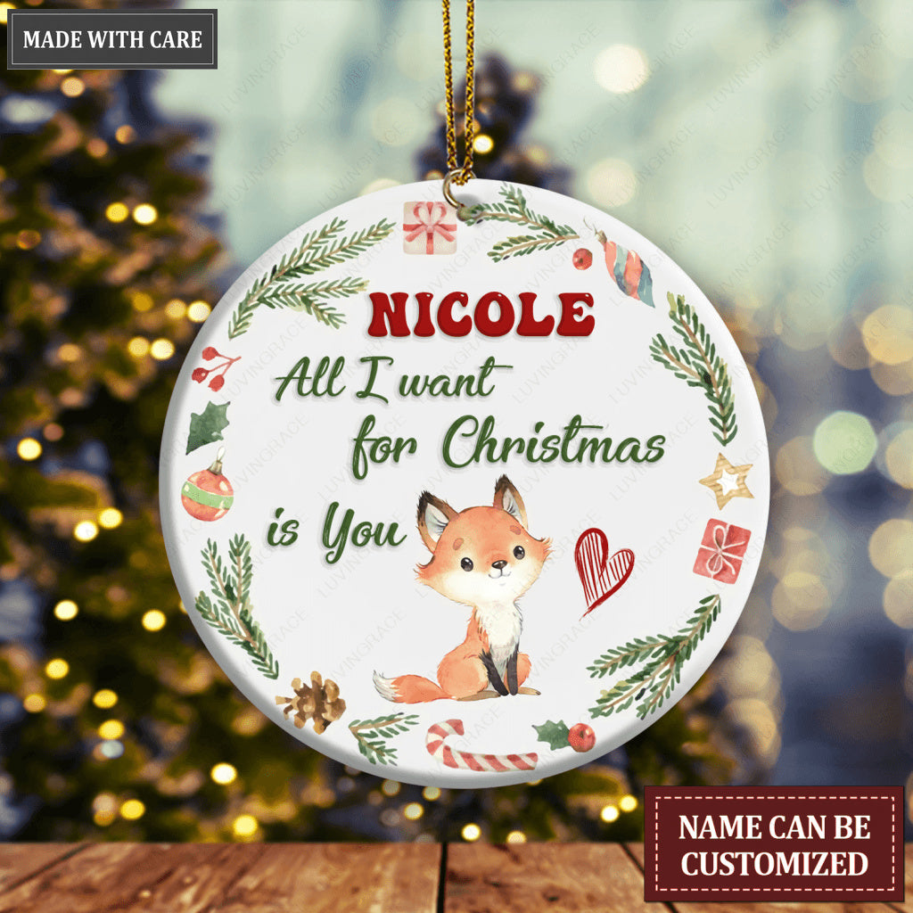 Christmas Frame Little Fox All I Want For Christmas Is You Baby Name Personalized Ornament