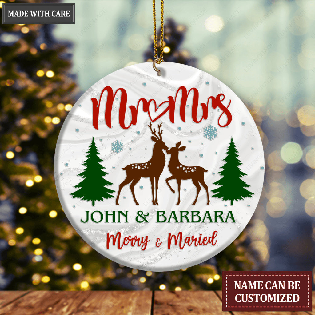 Reindeer Christmas Pine Merry And Married Personalized Ornament