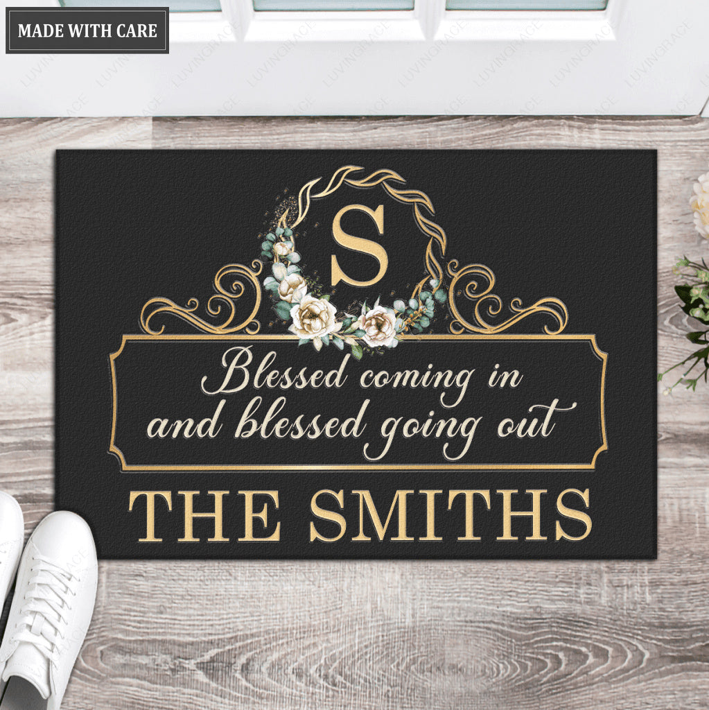 Luvingrace L98 Elegant Vintage Monogram Collection Blessed Coming In Personalized Doormat
