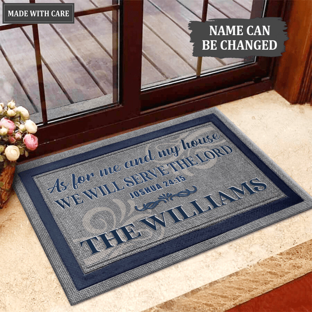 Personalized Family Name Serve The Lord Grey And Navy Doormat