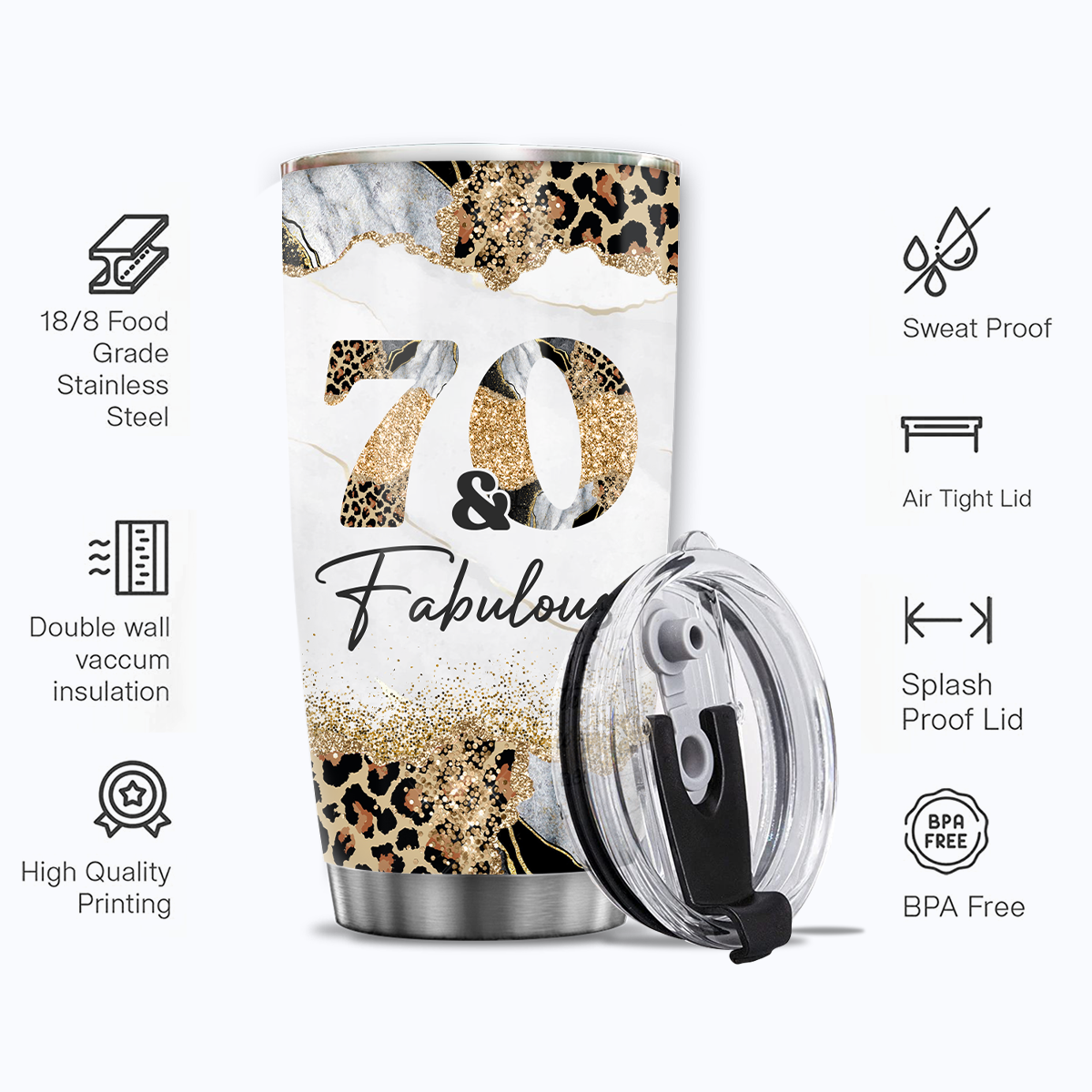 Glitter Cheetah Marble 70th Birthday 70 And Fabulous Custom Gifts Tumbler - Personalized Stainless Steel Tumbler