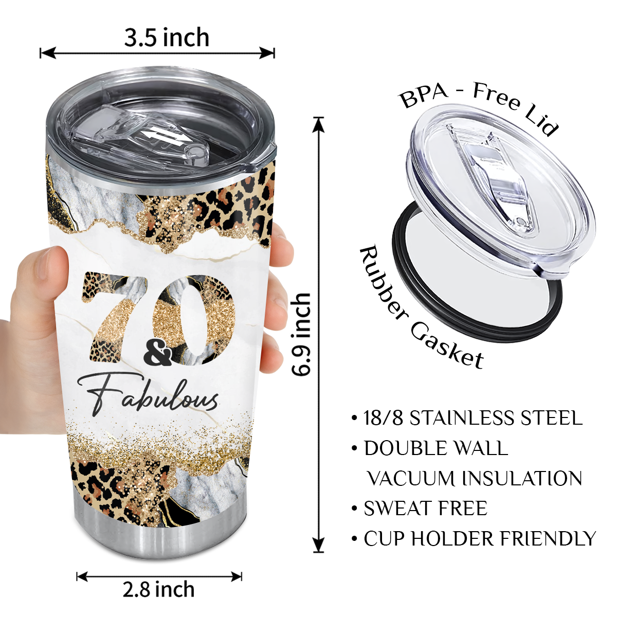 Glitter Cheetah Marble 70th Birthday 70 And Fabulous Custom Gifts Tumbler - Personalized Stainless Steel Tumbler