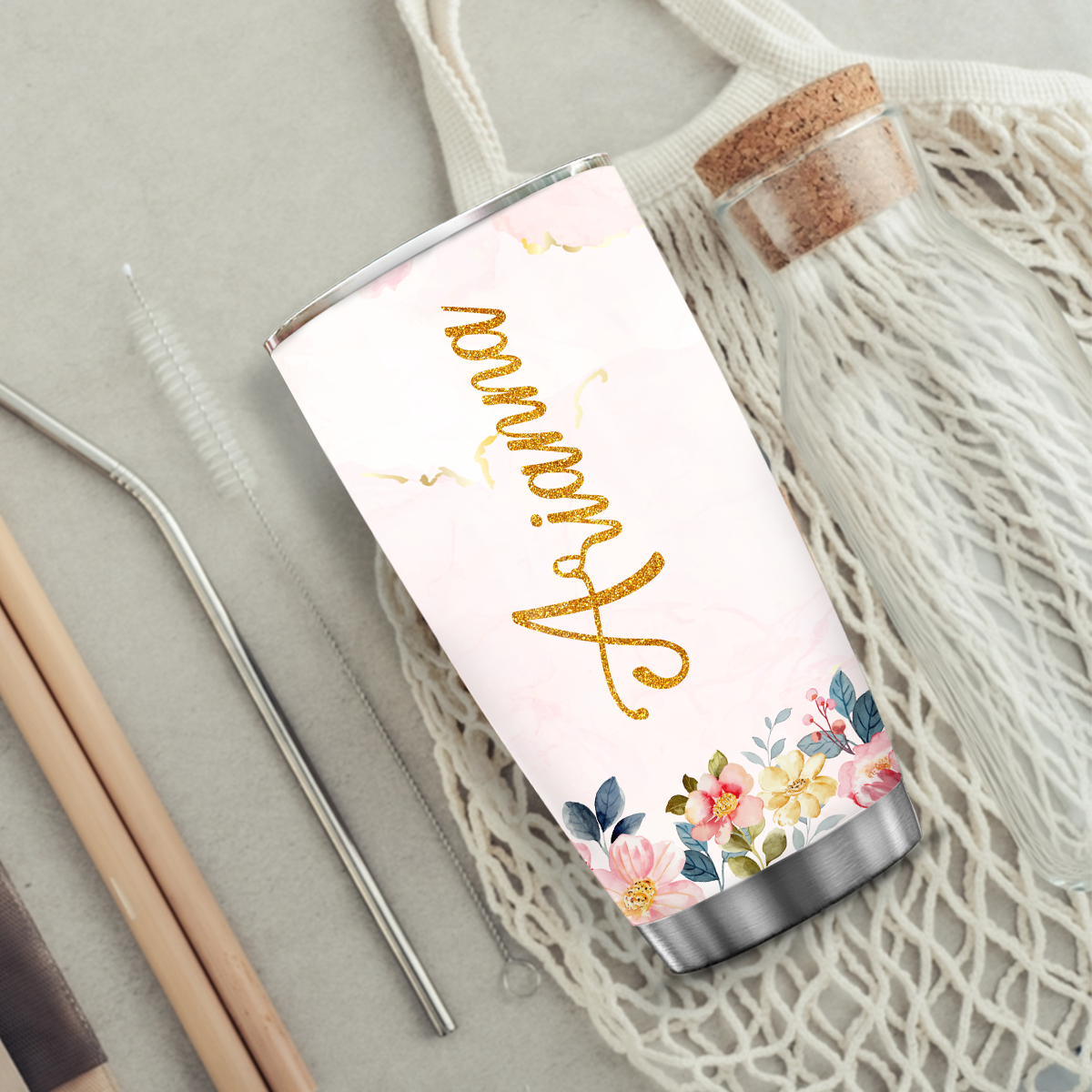 Pink Blue Flower Golden Glitter 70th Birthday Blessed And Loved Custom GiftsTumbler - Personalized Stainless Steel Tumbler