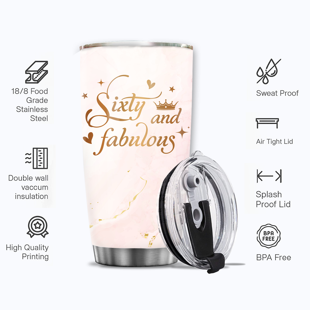 Rose Gold 60th Birthday Sixty And Fabulous Custom Tumbler Gifts - Personalized Stainless Steel Tumbler
