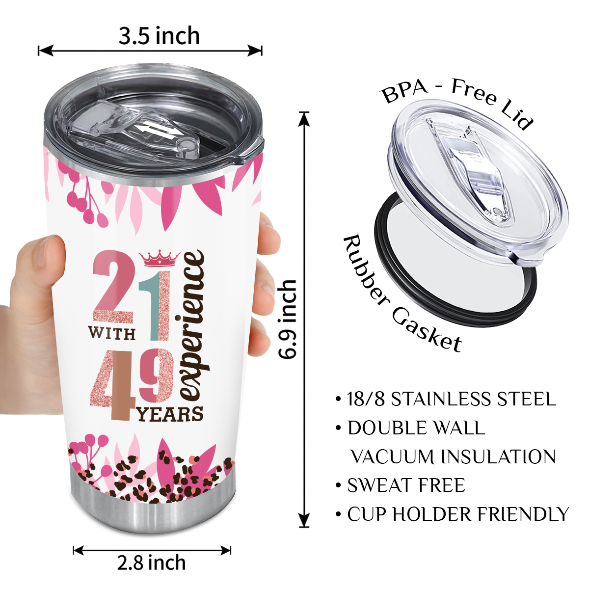 Vintage Rainbow 70th Birthday 21 With 49 Year Experience Custom Tumbler Gifts - Personalized Stainless Steel Tumbler