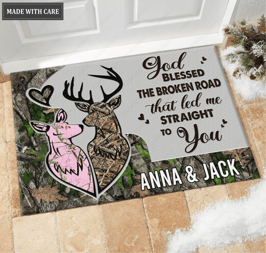 God Blessed The Broken Road Deer Couple Personalized Doormat