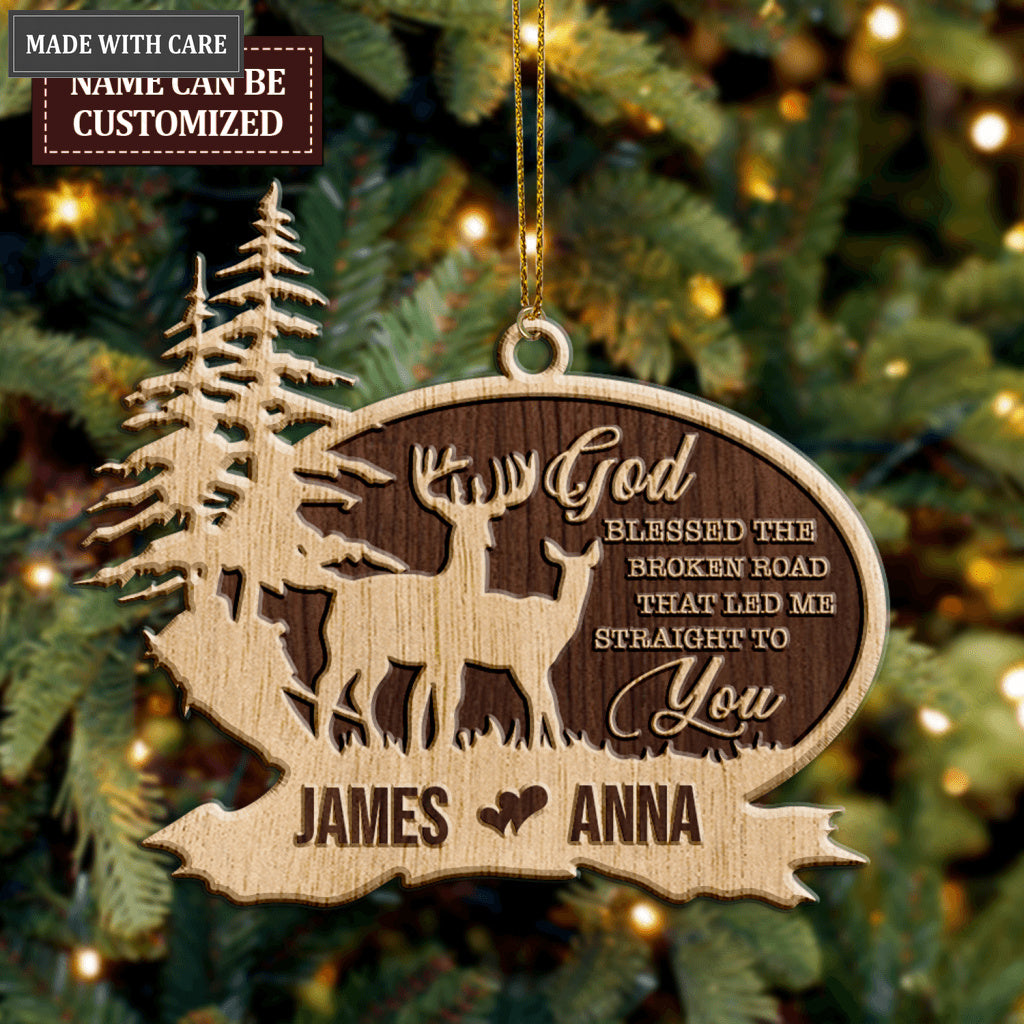 Deer Couple In Forest God Blessed Personalized Wood Engraved Ornaments