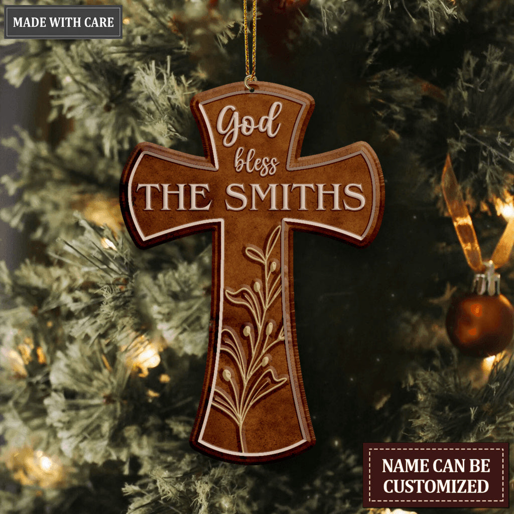 Vintage Cross God Blessed Family Name Personalized Ornament