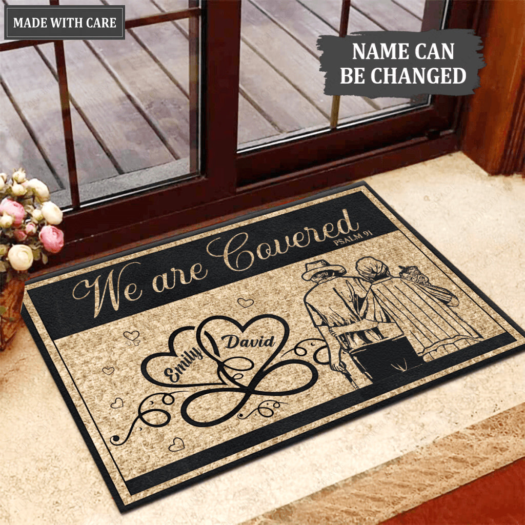 Old Couple We Are Covered Psalm 91 Personalized Doormat