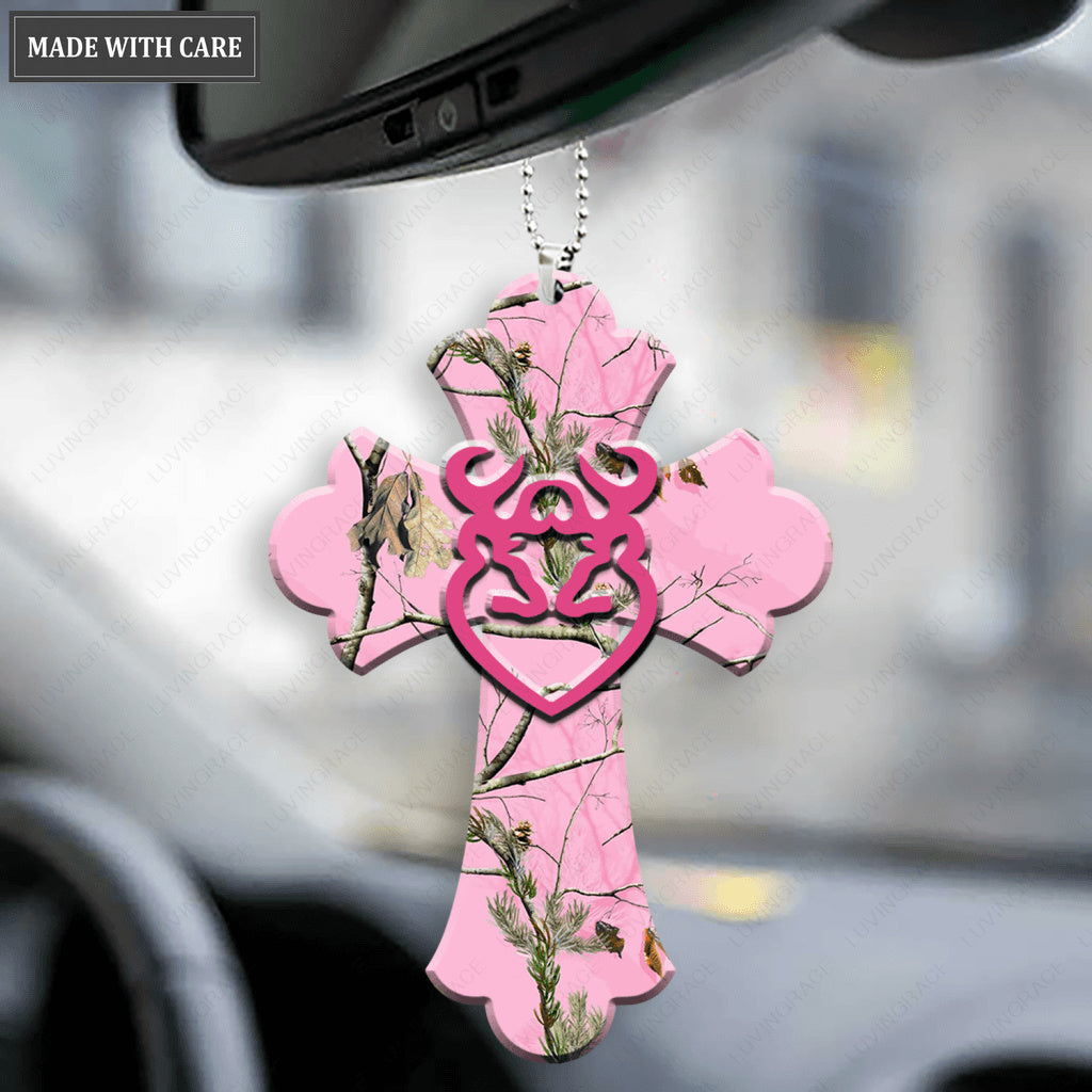 Pink Camo Cross With Heart Buck And Doe Ornament