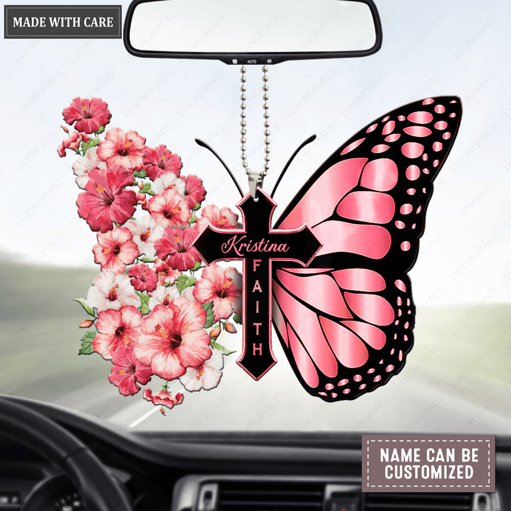 Personalized Hibiscus Flower Butterfly Cross Faith Ornament