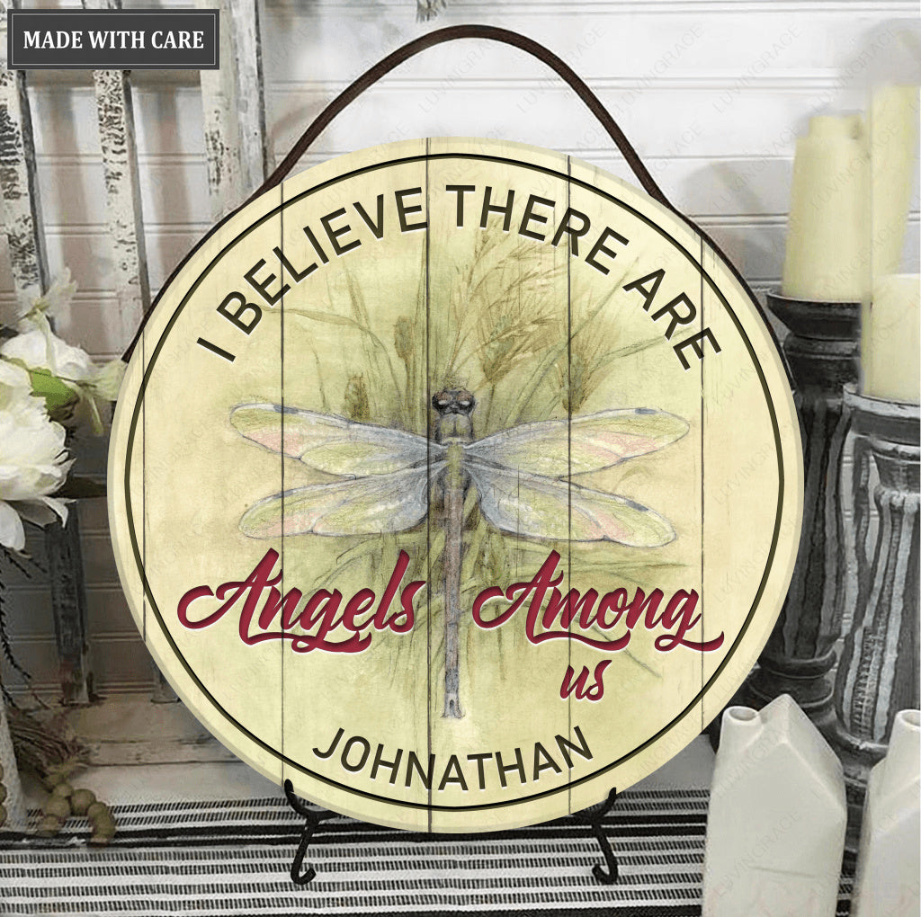 Personalized Dragonfly Angels Wood Circle Sign