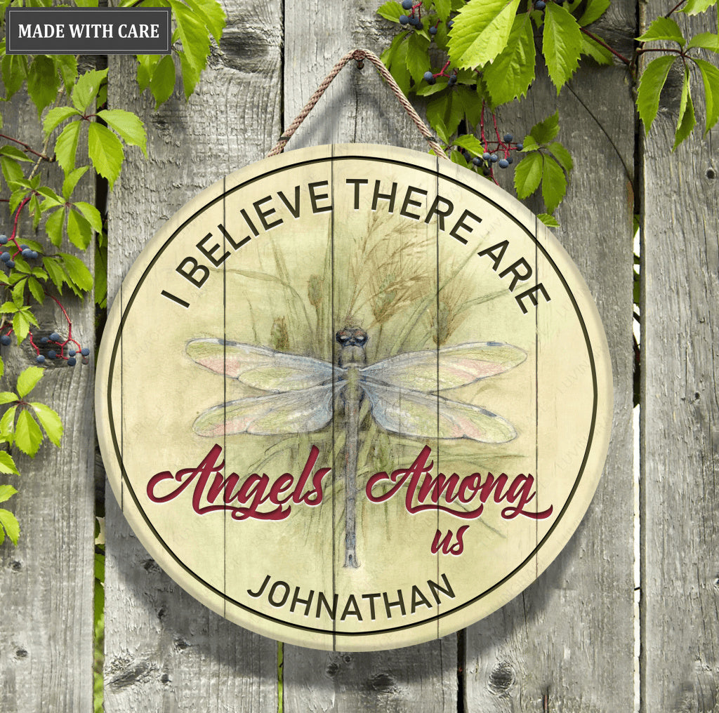 Personalized Dragonfly Angels Wood Circle Sign