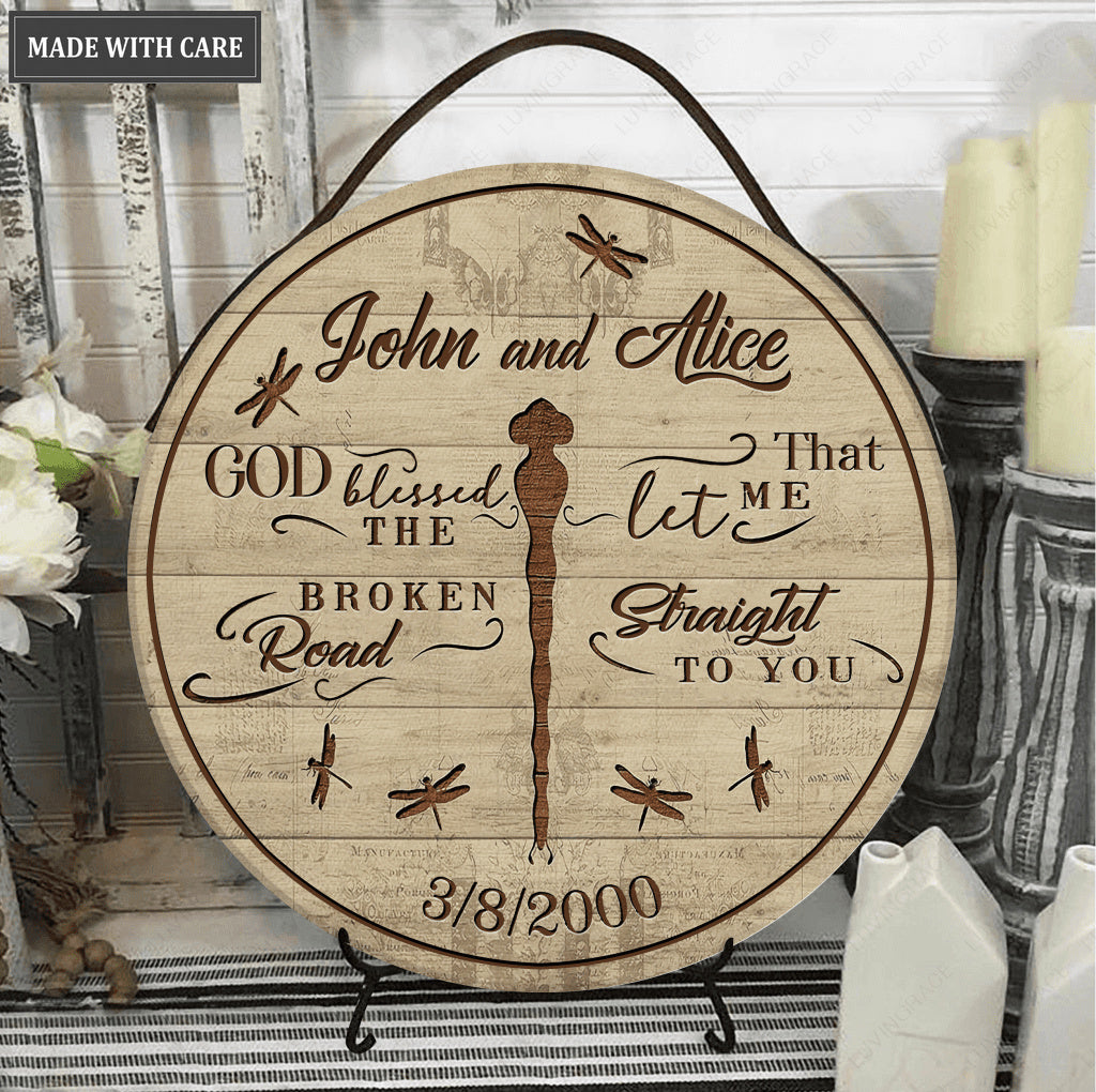 Personalized Couple God Blessed Dragonfly Wood Circle Sign