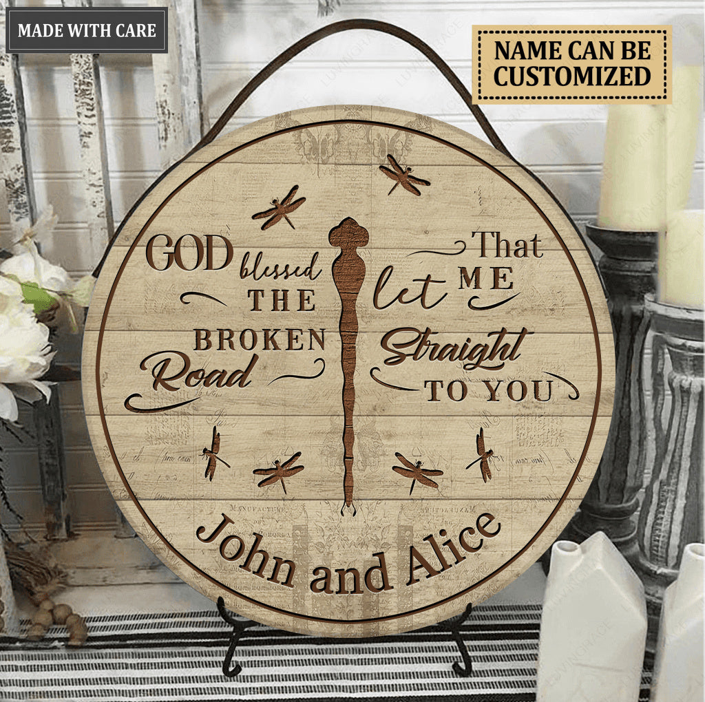 Personalized God Blessed Dragonfly Wood Circle Sign