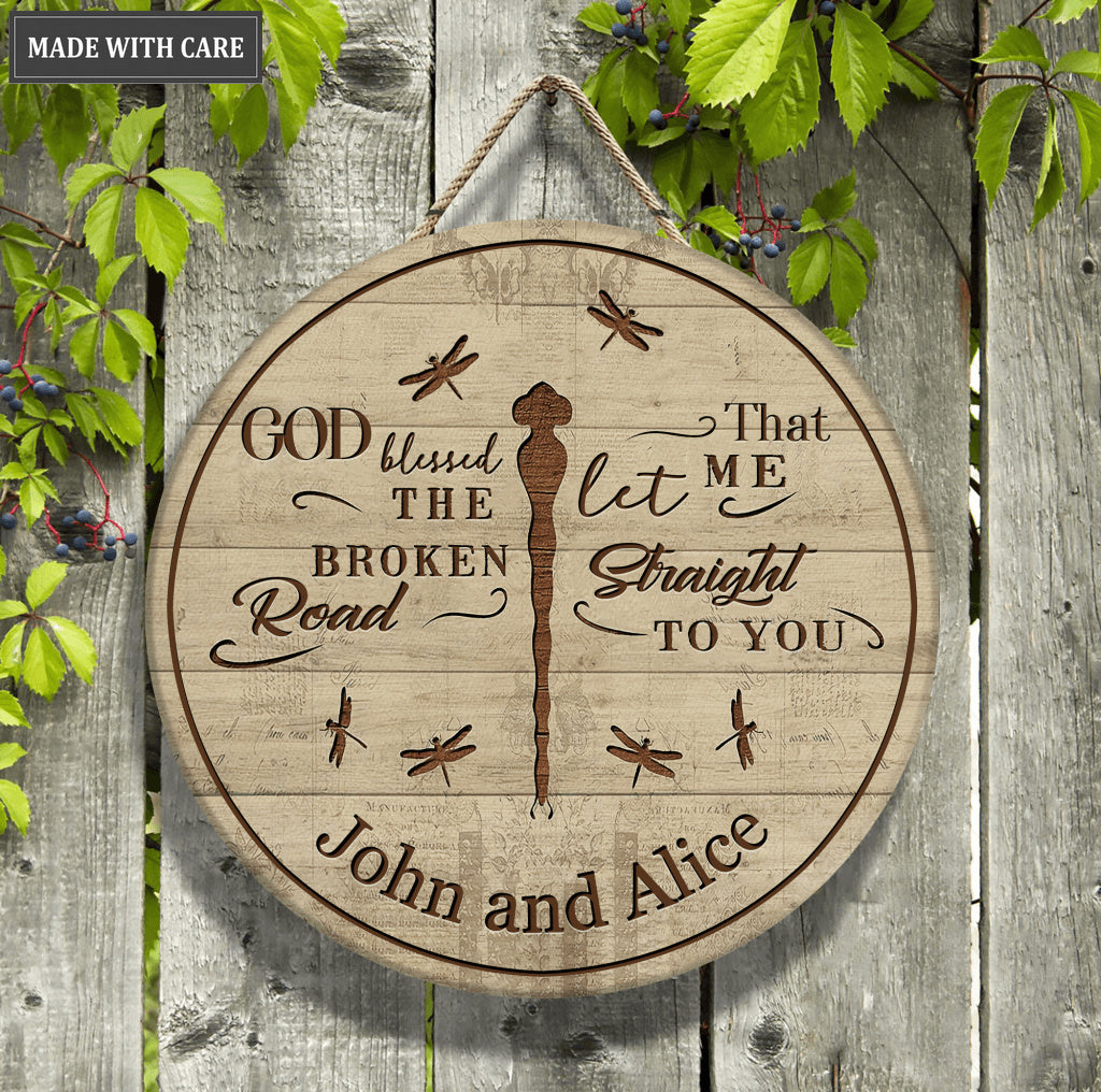 Personalized God Blessed Dragonfly Wood Circle Sign