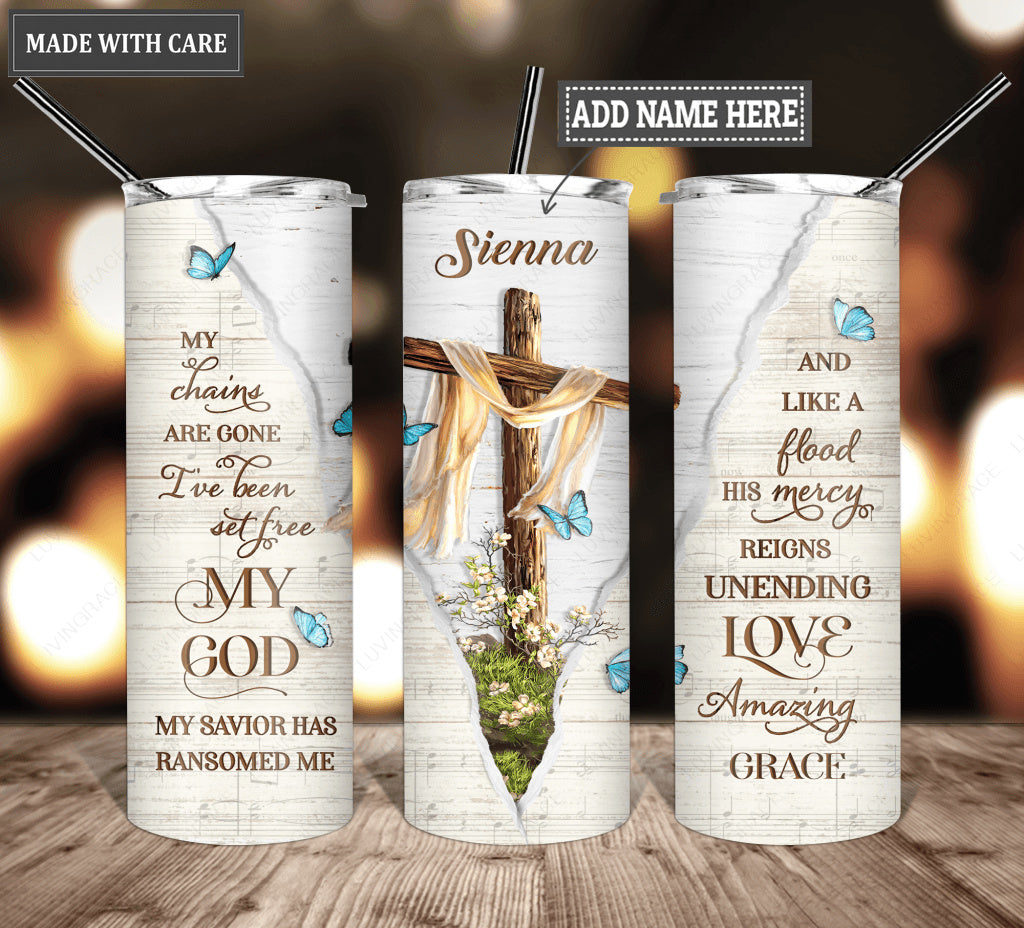 Personalized Cross I Have Been Set Free Skinny Tumbler