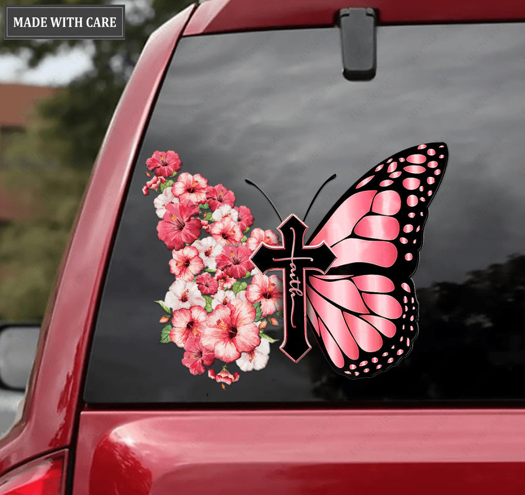 Hibiscus Flower Butterfly Cross Faith Car Sticker