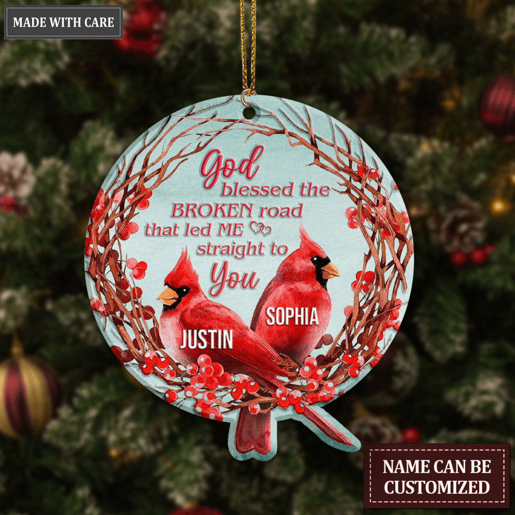 Christmas Floral Cardinal Couple God Blessed Personalized Ornament