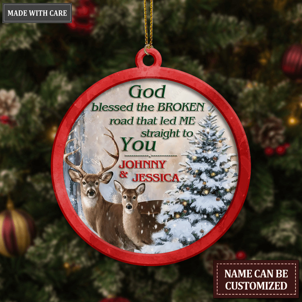 Christmas Snow Forest Deer Couple God Blessed Personalized Ornament