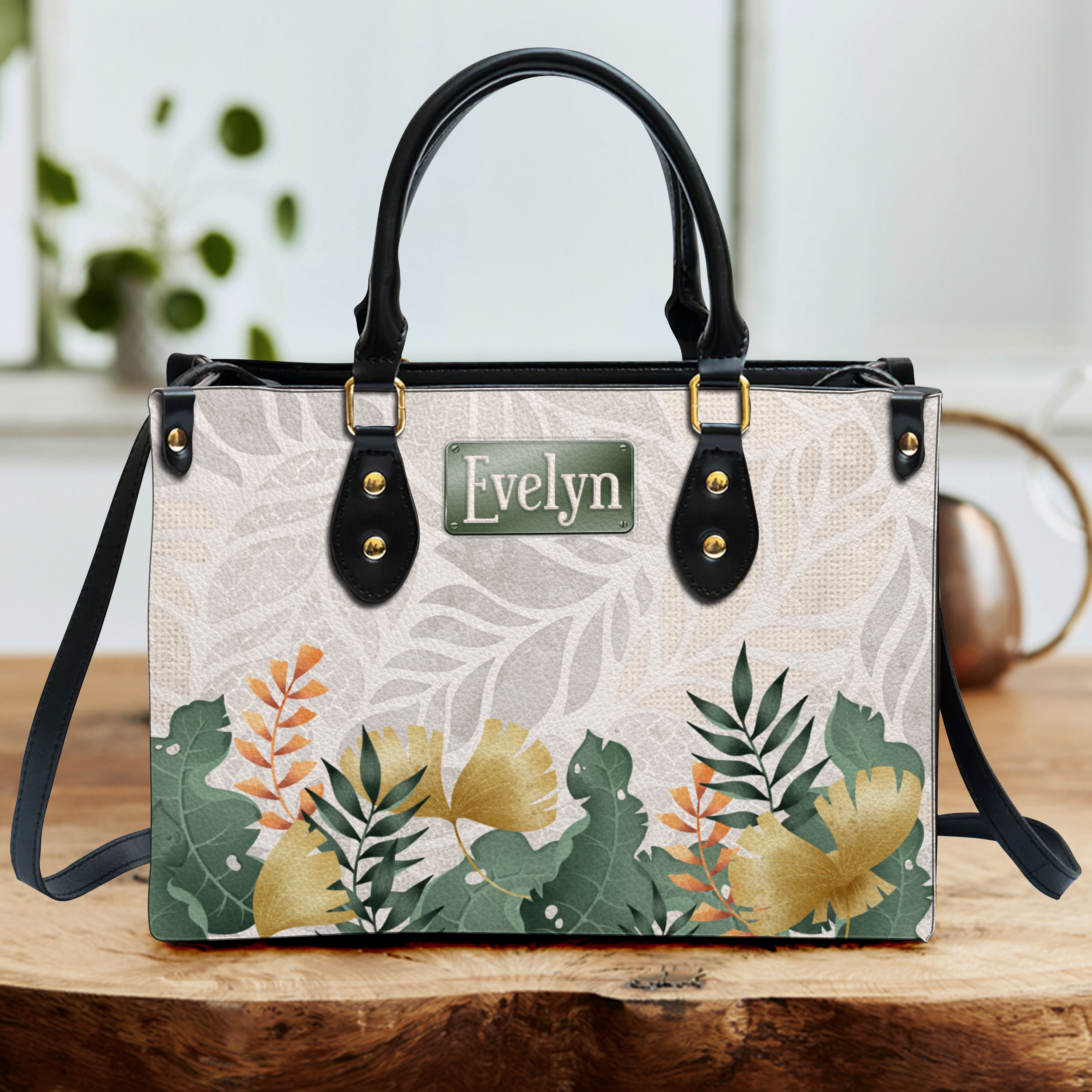Elegant Leaves Floral Pattern Custom Leather Handbag - Personalized Custom Leather Bag