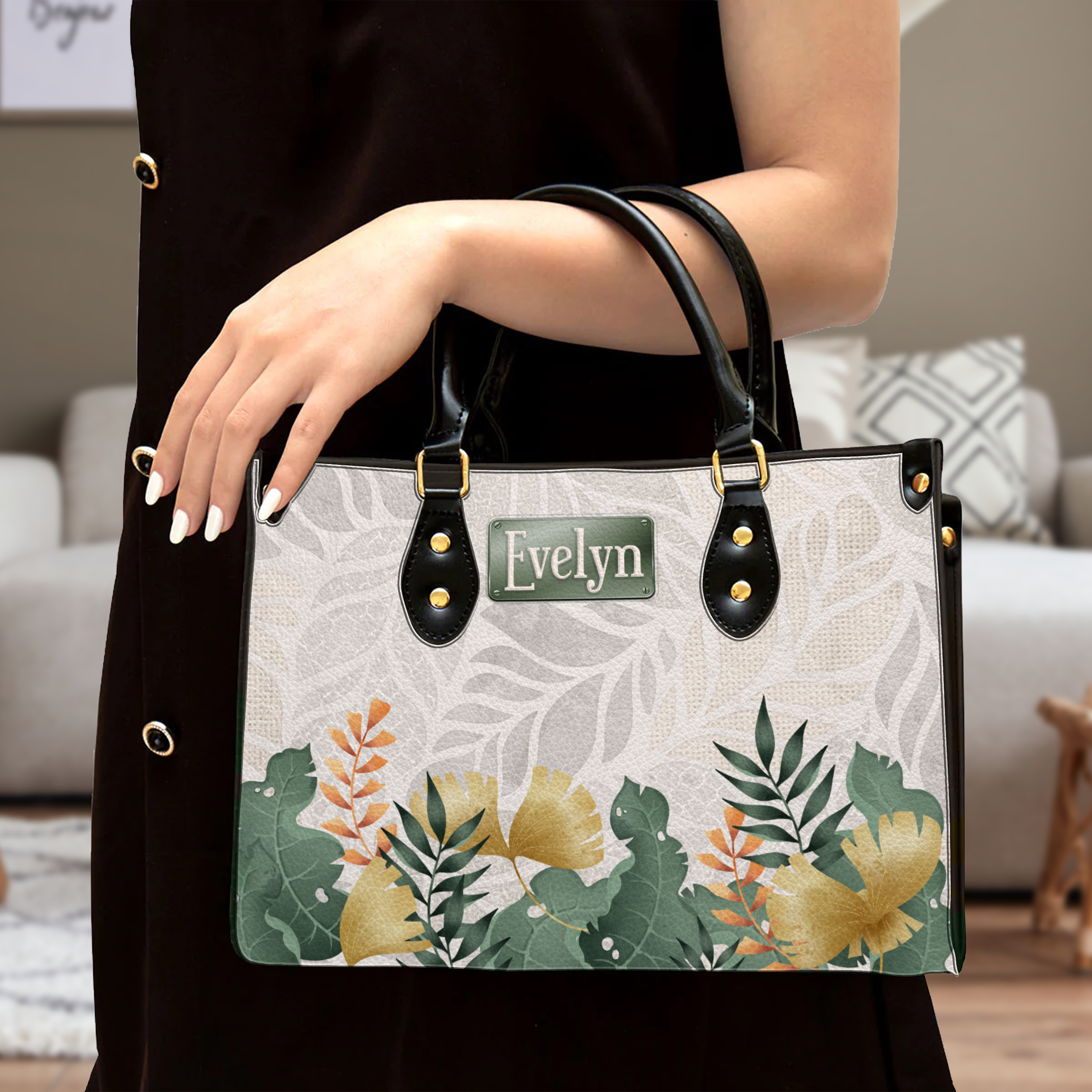 Elegant Leaves Floral Pattern Custom Leather Handbag - Personalized Custom Leather Bag