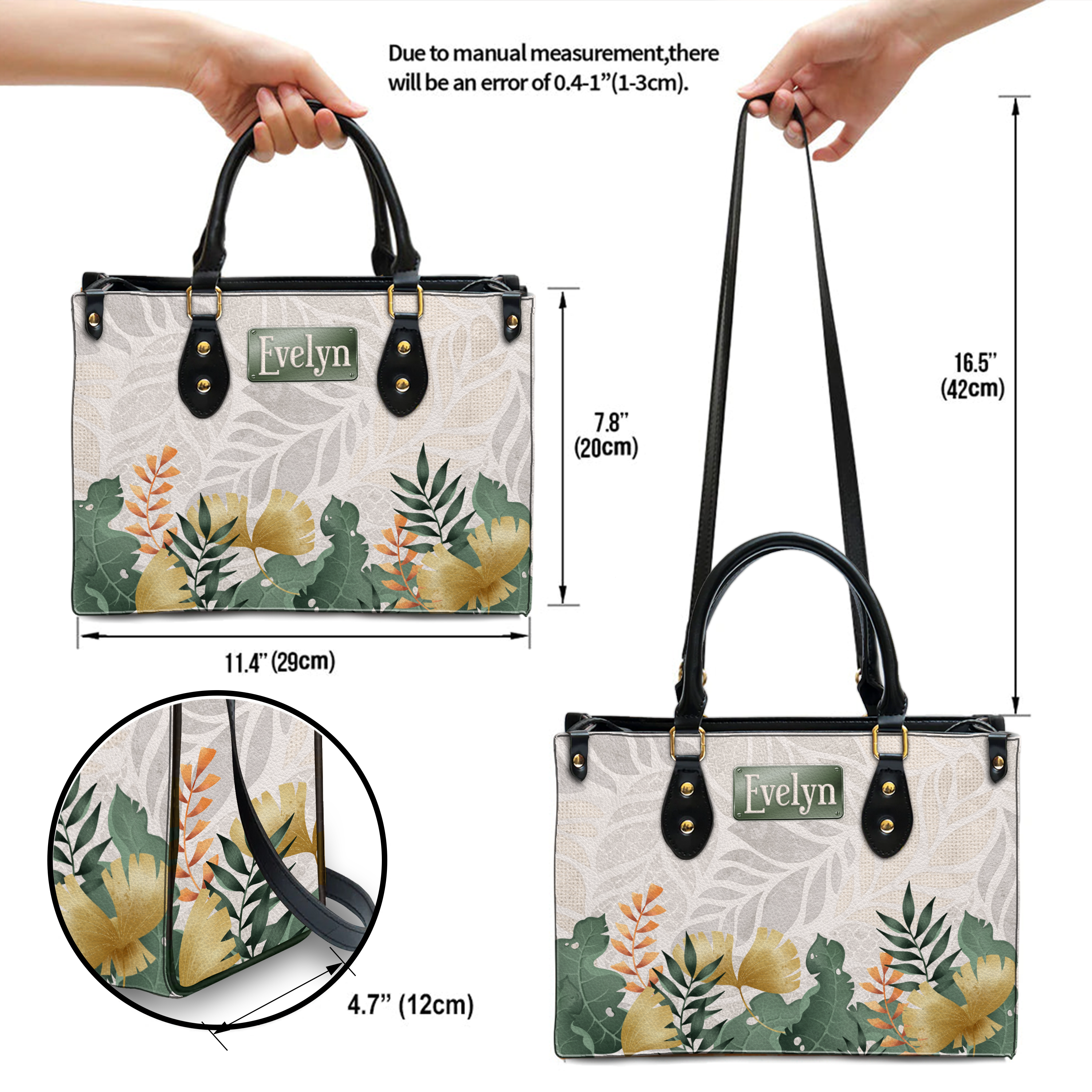Elegant Leaves Floral Pattern Custom Leather Handbag - Personalized Custom Leather Bag