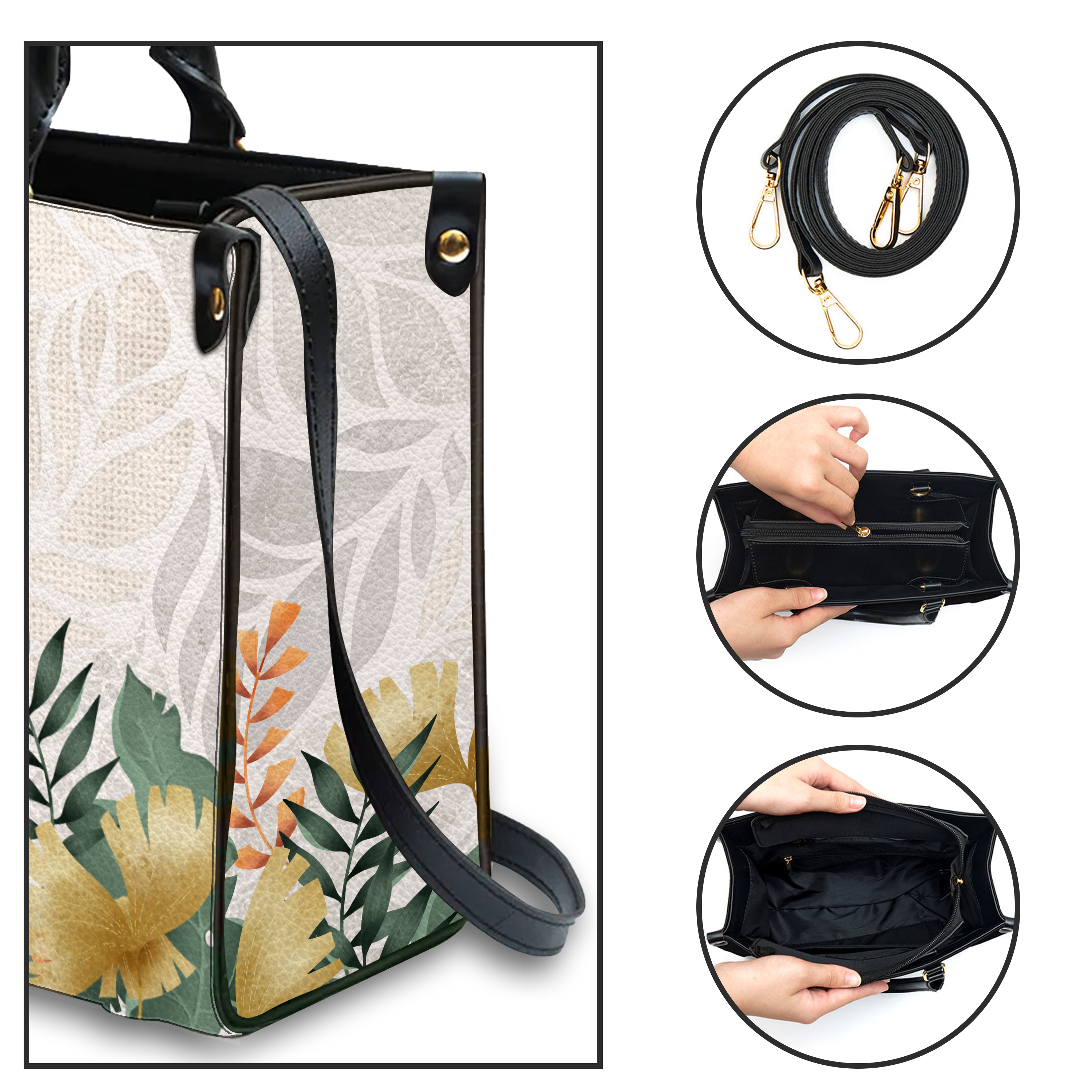 Elegant Leaves Floral Pattern Custom Leather Handbag - Personalized Custom Leather Bag