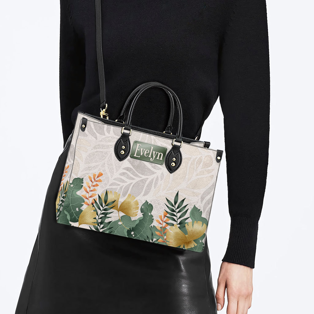 Elegant Leaves Floral Pattern Custom Leather Handbag - Personalized Custom Leather Bag