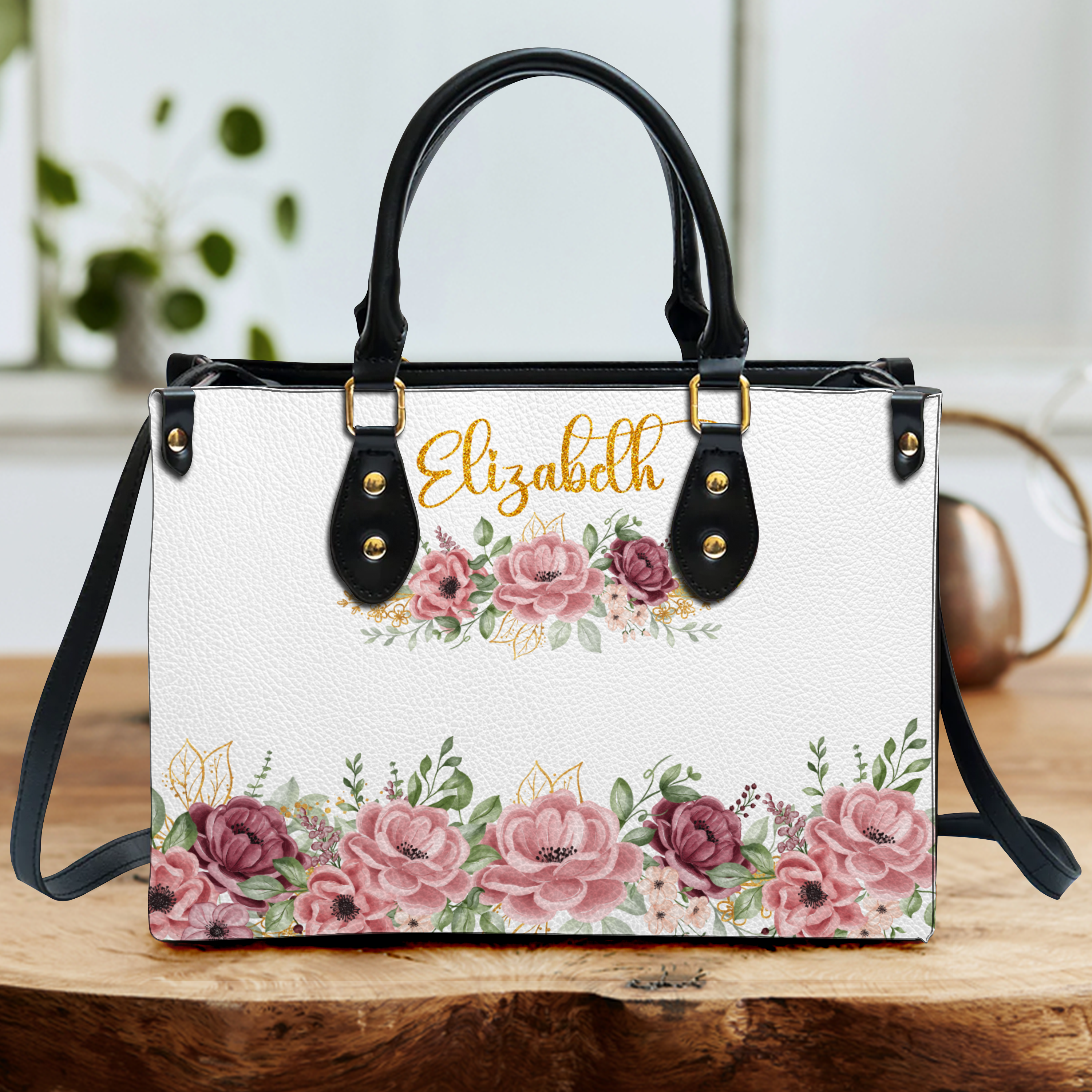 Roses Glitter Floral Custom Leather Handbag - Personalized Custom Leather Bag