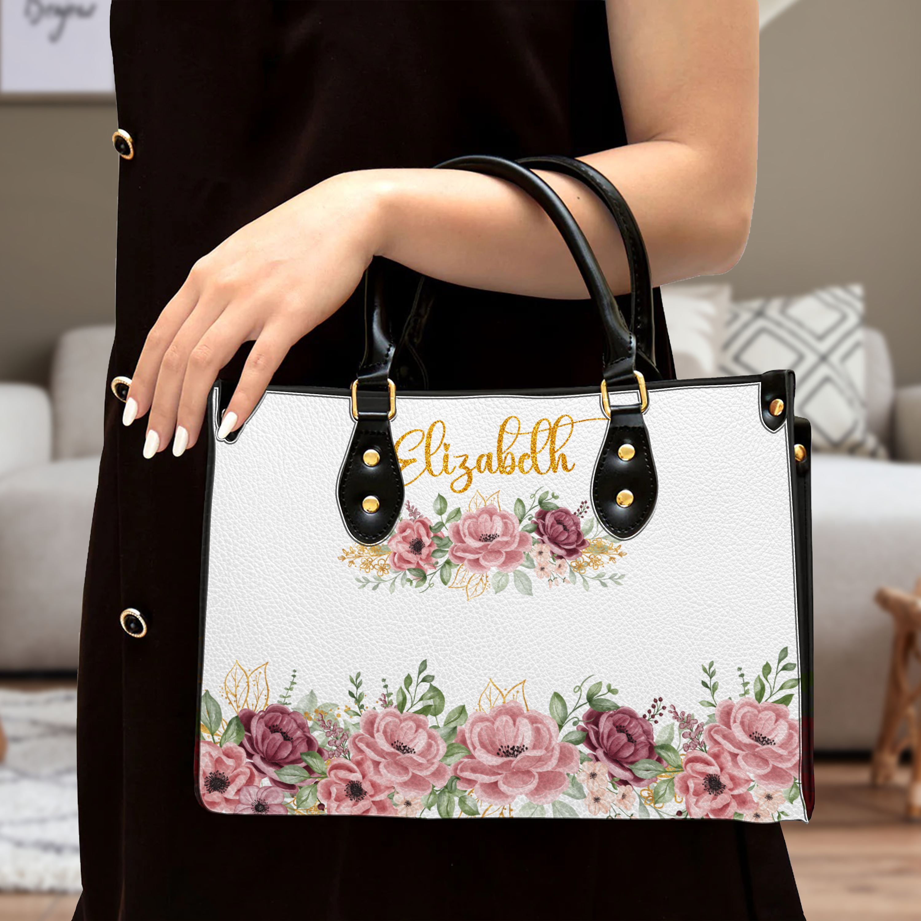 Roses Glitter Floral Custom Leather Handbag - Personalized Custom Leather Bag