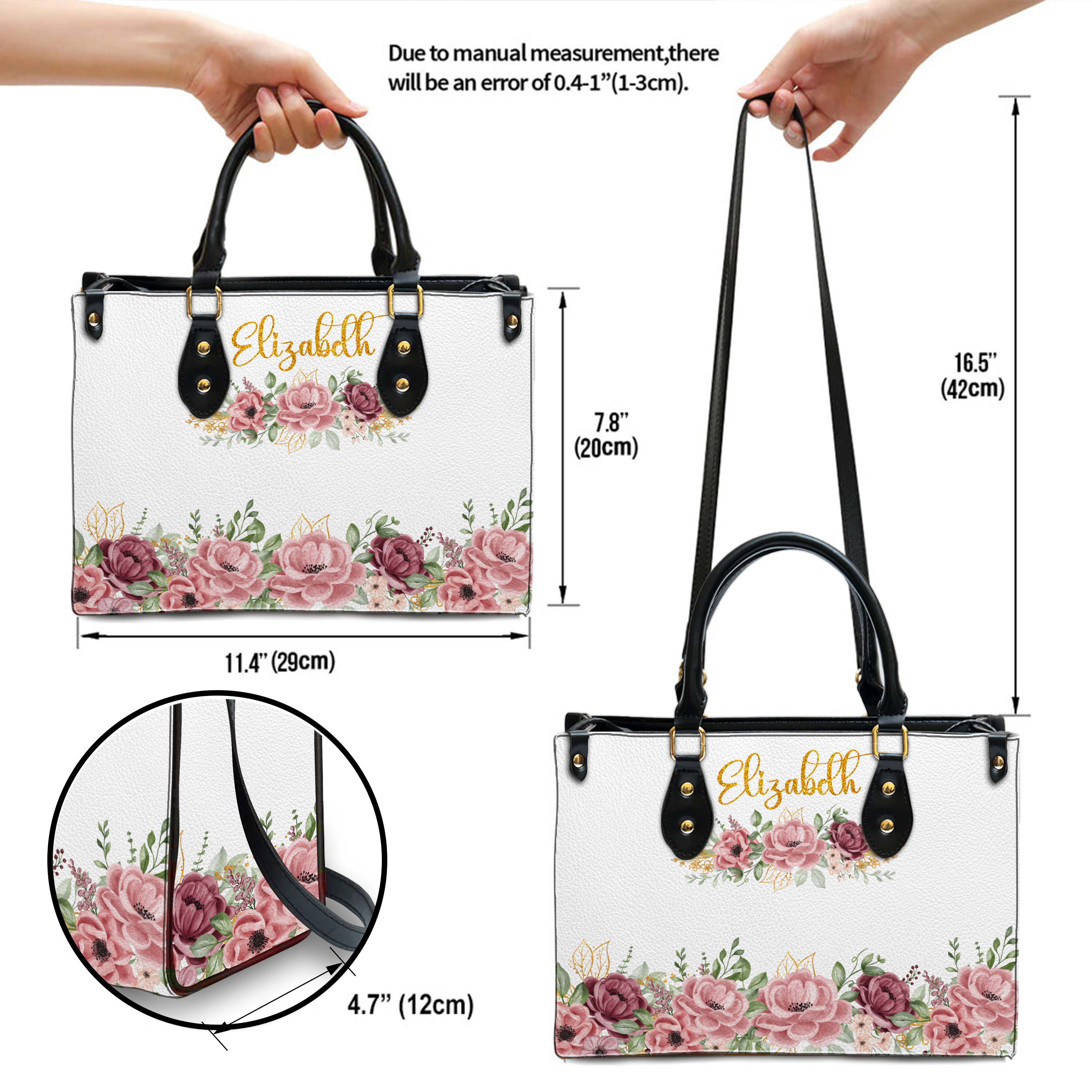 Roses Glitter Floral Custom Leather Handbag - Personalized Custom Leather Bag