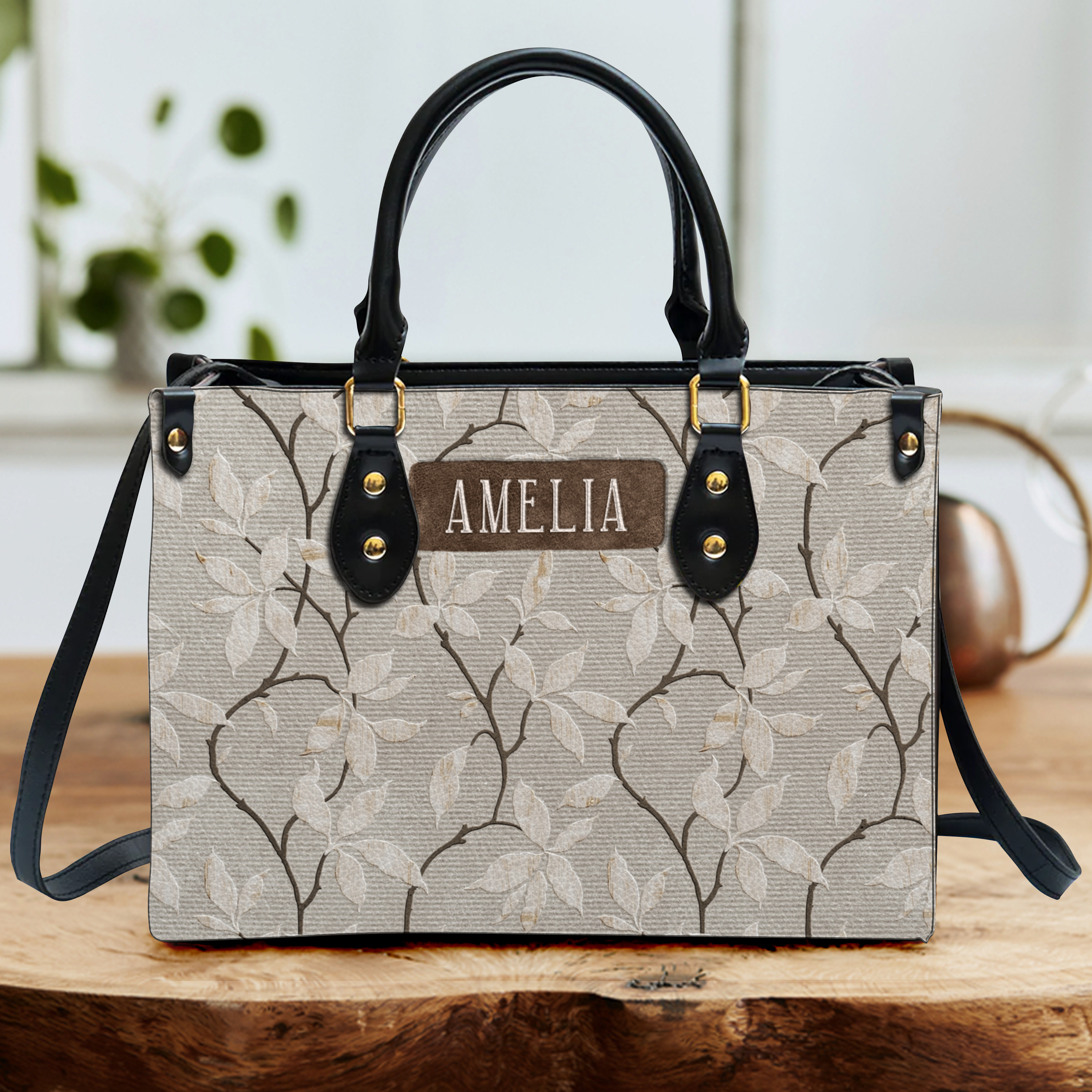 Vintage Leaves Floral Custom Leather Handbag - Personalized Custom Leather Bag