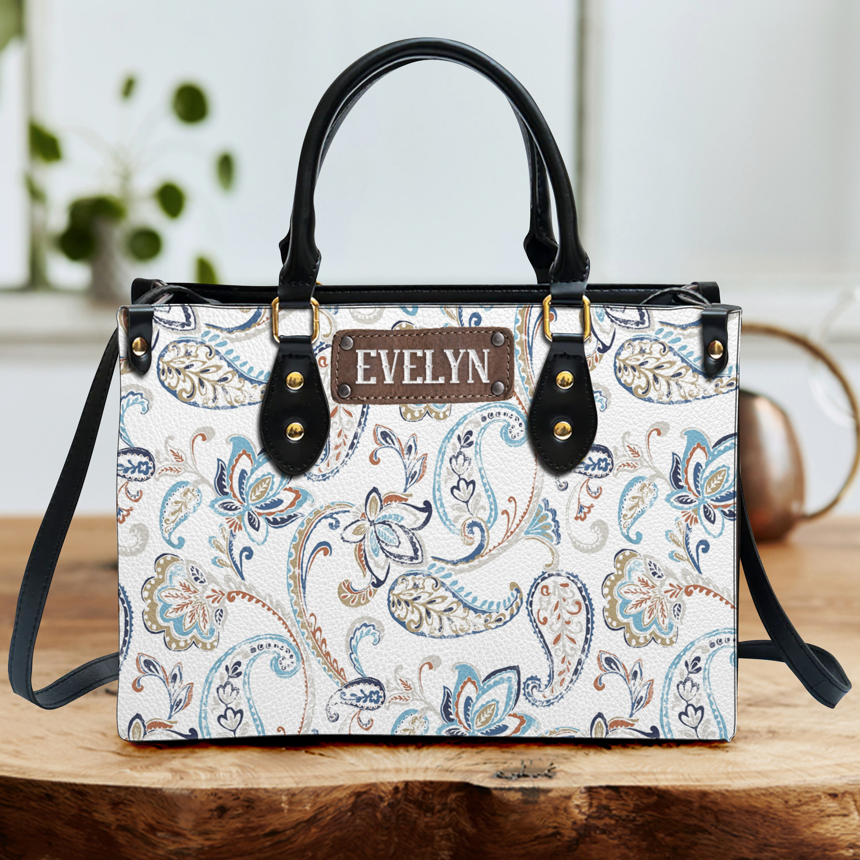 Vintage Paisley Pattern Custom Leather Handbag - Personalized Custom Leather Bag