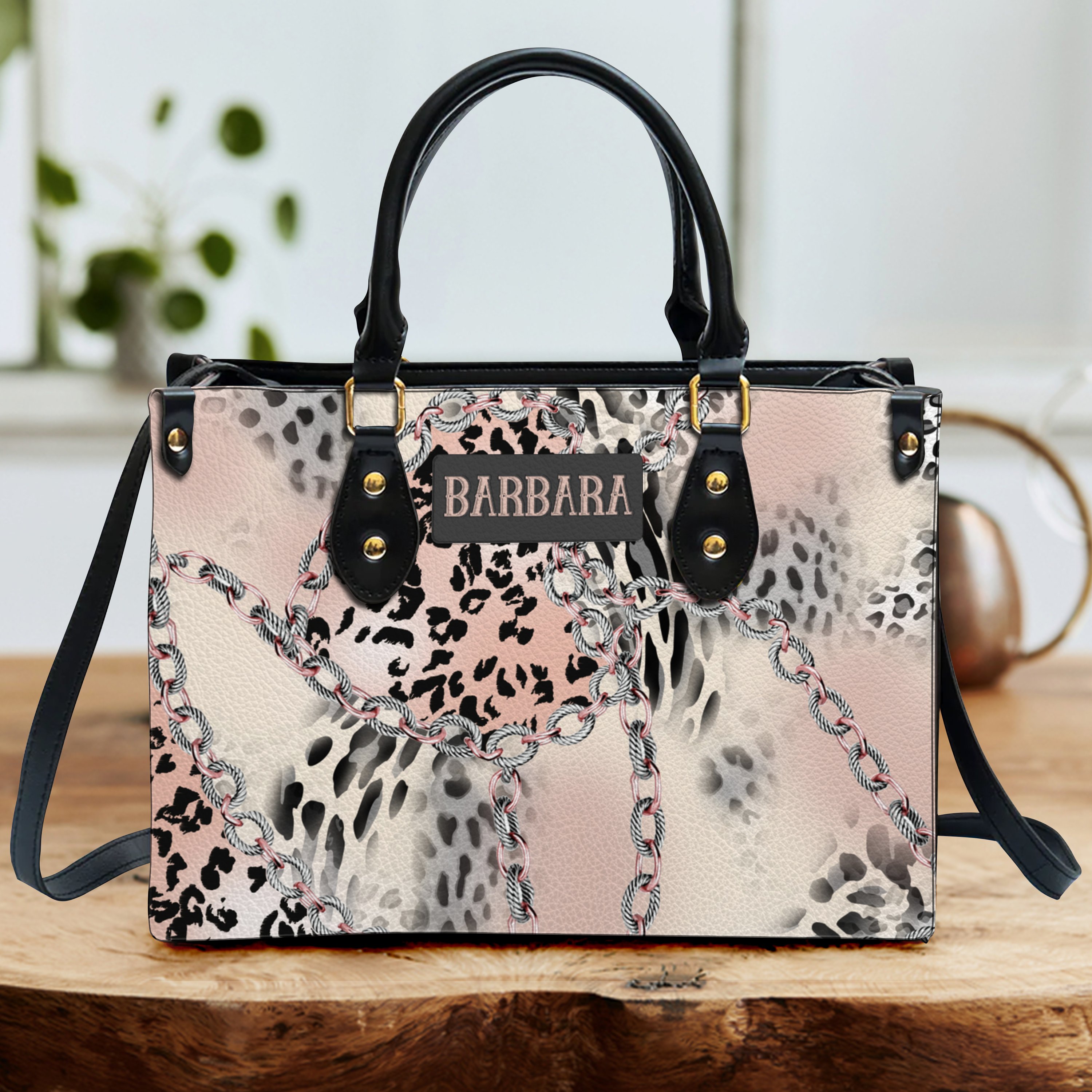 Vintage Pink Cheetah Chains Custom Leather Handbag - Personalized Custom Leather Bag
