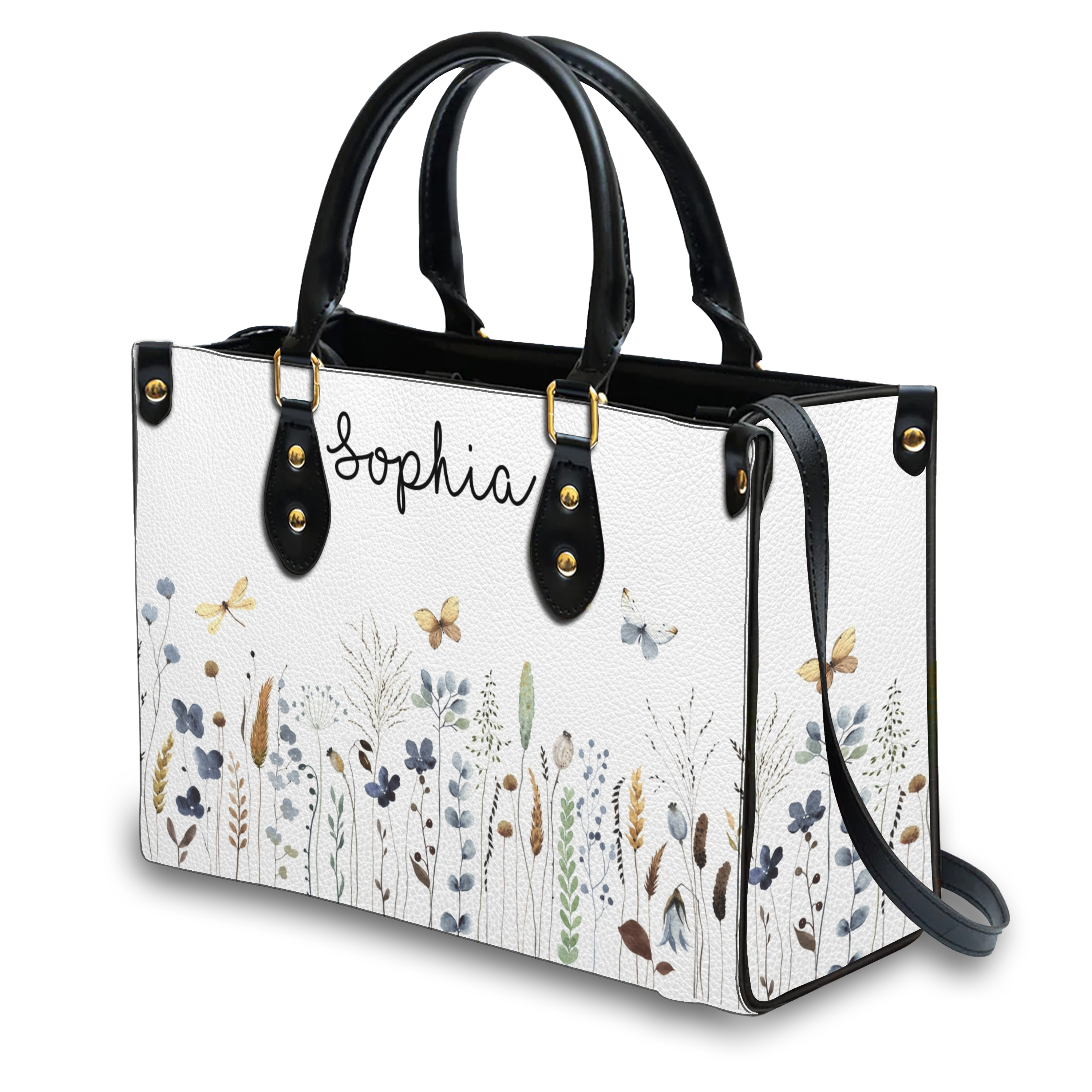Wildflower Butterfly Custom Leather Handbag - Personalized Custom Leather Bag